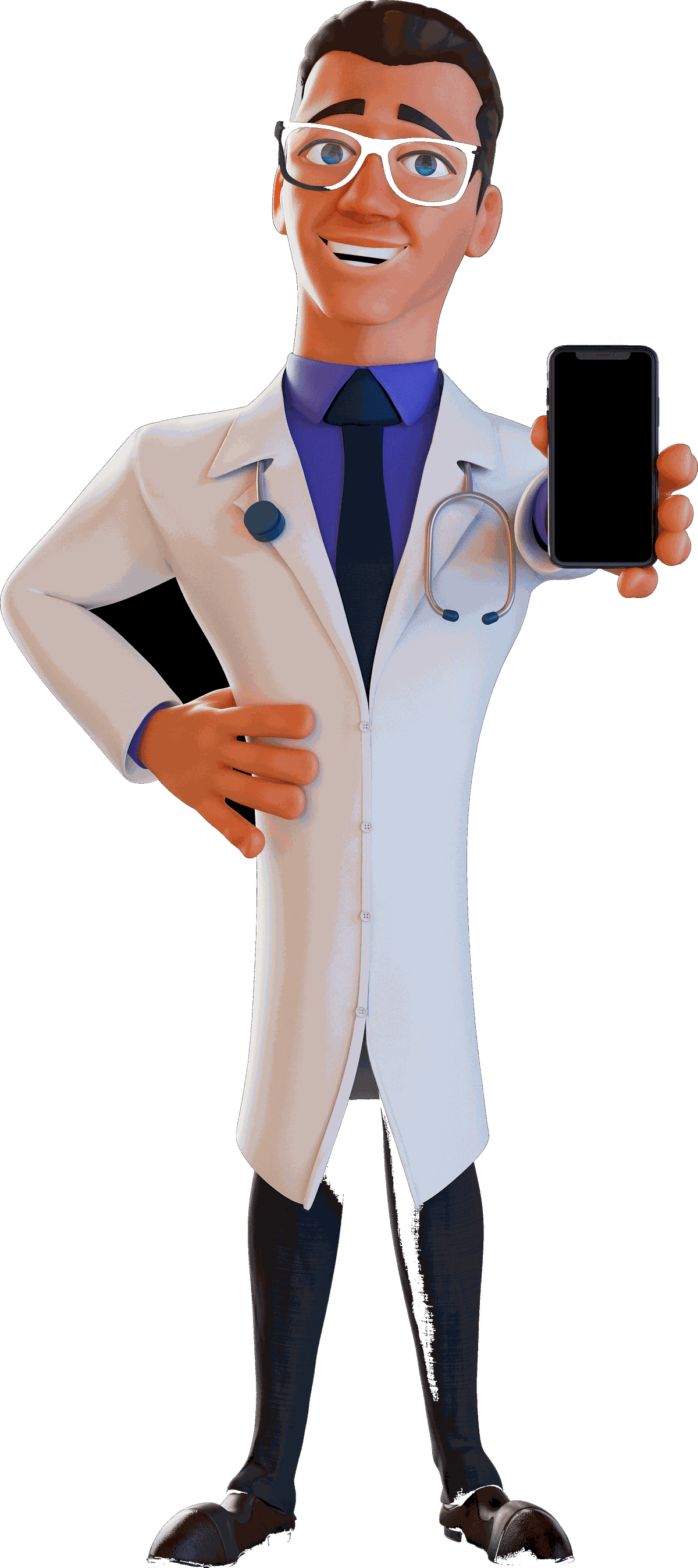 Dr. Arnaldo, mascote do Cartão Tadeu, mostrando o app no celular